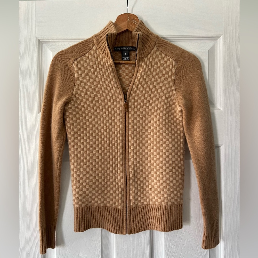 Saks Fifth Avenue Tan Checker Zip-Up 100% Cashmere Sweater